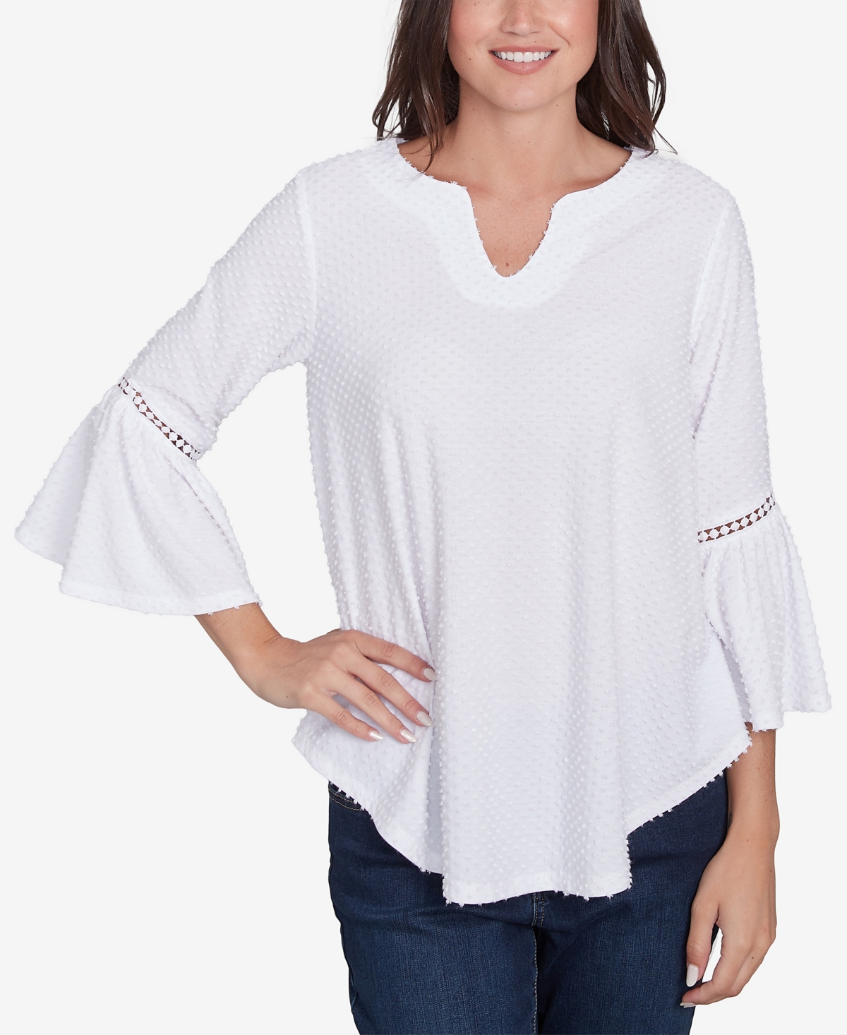 Ruby Rd. Petite Swiss Dot Solid Flounce Sleeve Top In White
