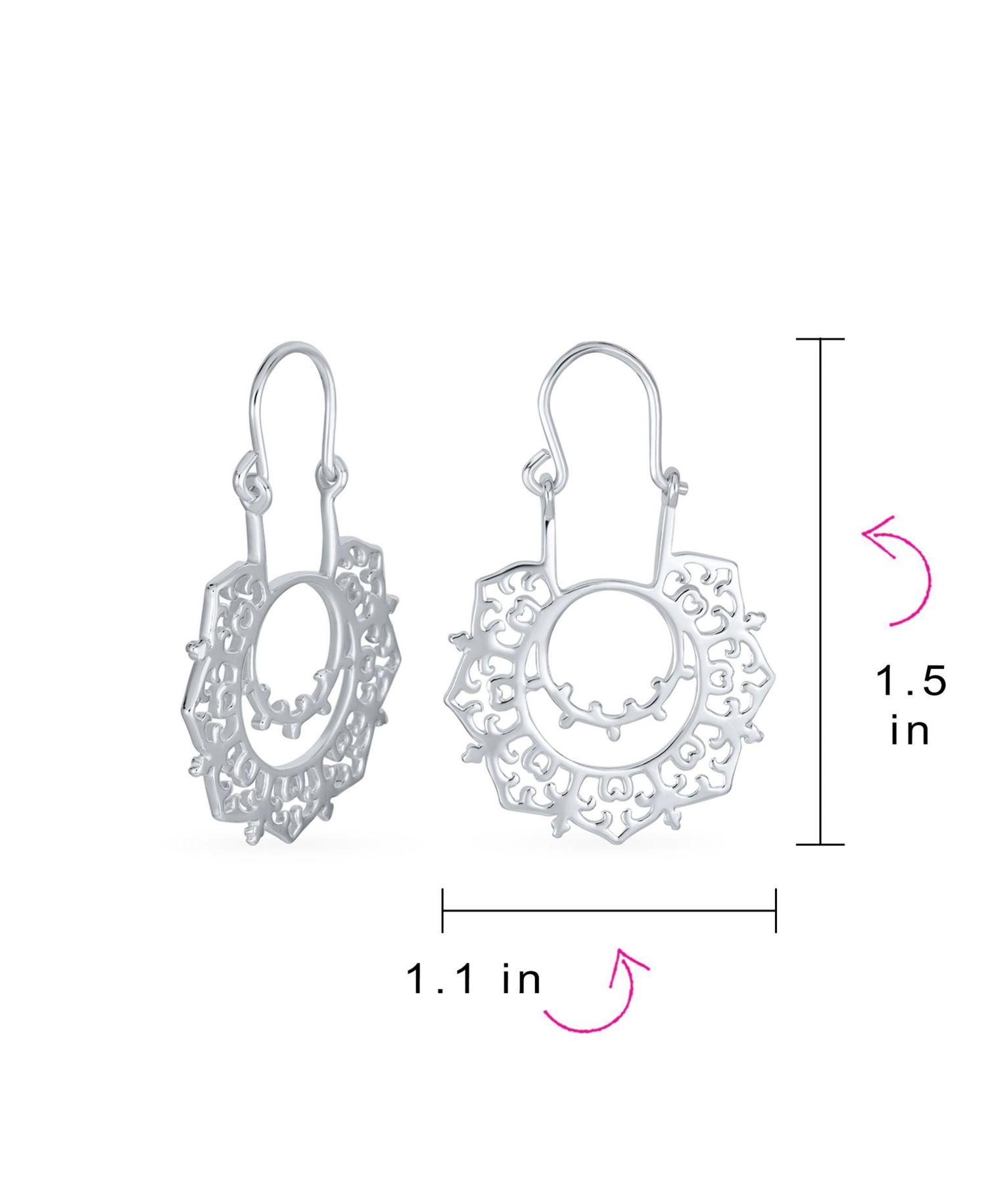 Indian Style Filigree Mandala Sanskrit Statement Earrings Sterling Silver