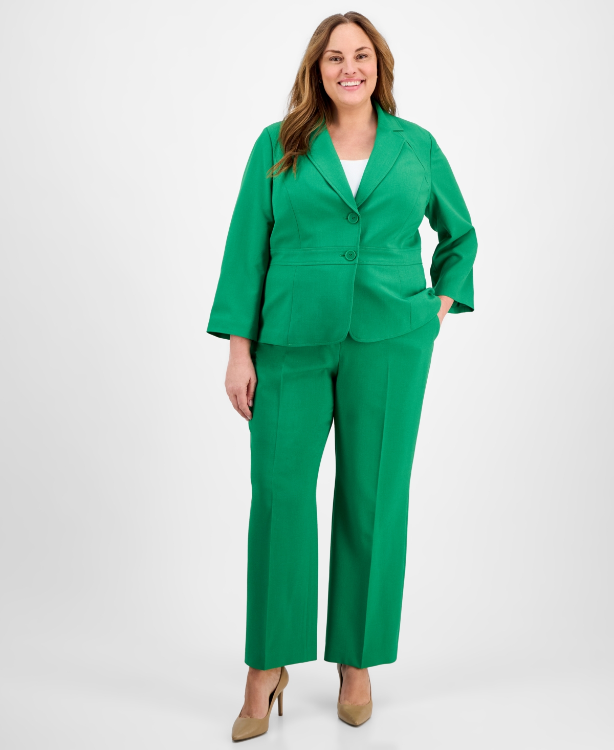 Le Suit Plus Size Single-button Straight-leg Pantsuit In Verde