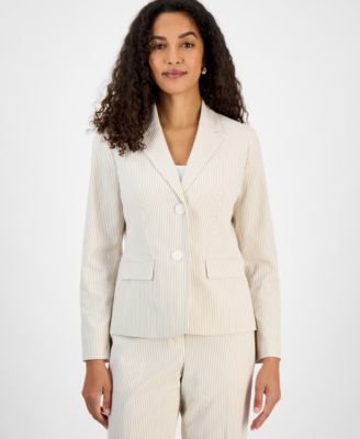 Women's Seersucker Two-Button Notch-Collar & Mid-Rise Slim Pants Set, Regular & Petite