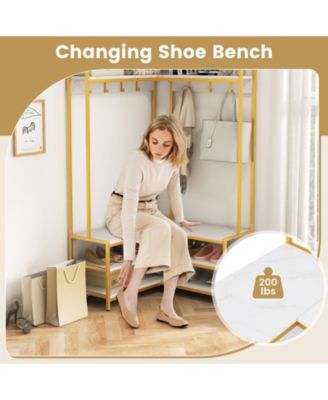 Corner Garment Rack with Open Shelves and 7 Hooks Shoe Bench