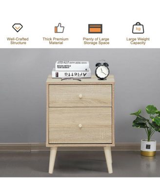 Set of 2 Wood 2-Drawer Beside End Side Table w/Rubber Legs Oak Finish Nightstand