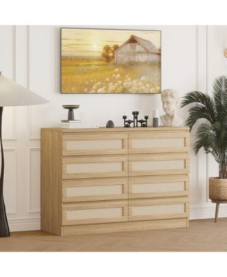 8 Drawer Double Dresser for Bedroom, Rattan Chest of Dressers