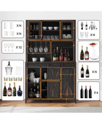 70" Tall Farmhouse Coffee Bar Cabinet, Sliding Barn Doors Wine Bar Cabinet with Storage Shelves, Hutch Cabinet with 6 Bottle Wine Rack and 12 Stemware Slots for Kitchen