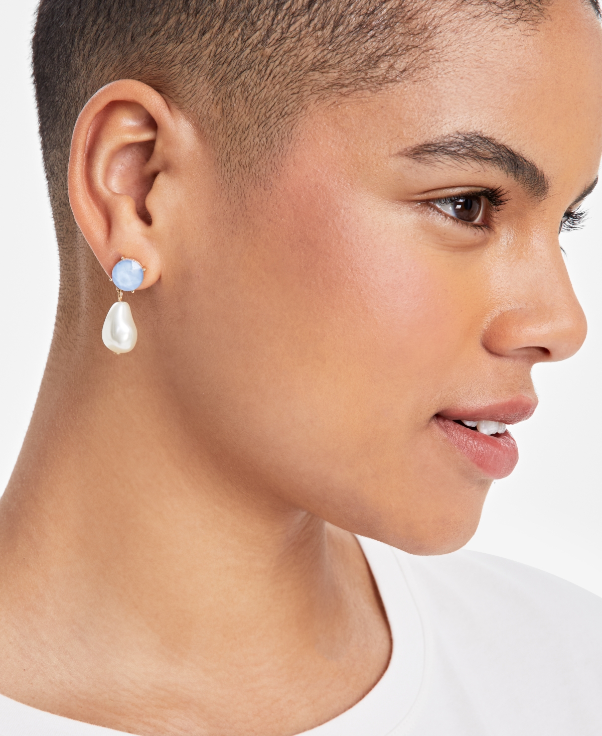 On 34th Gold-tone Imitation Pearl Stone Drop Earrings, Exclusively At Macy's In Blue