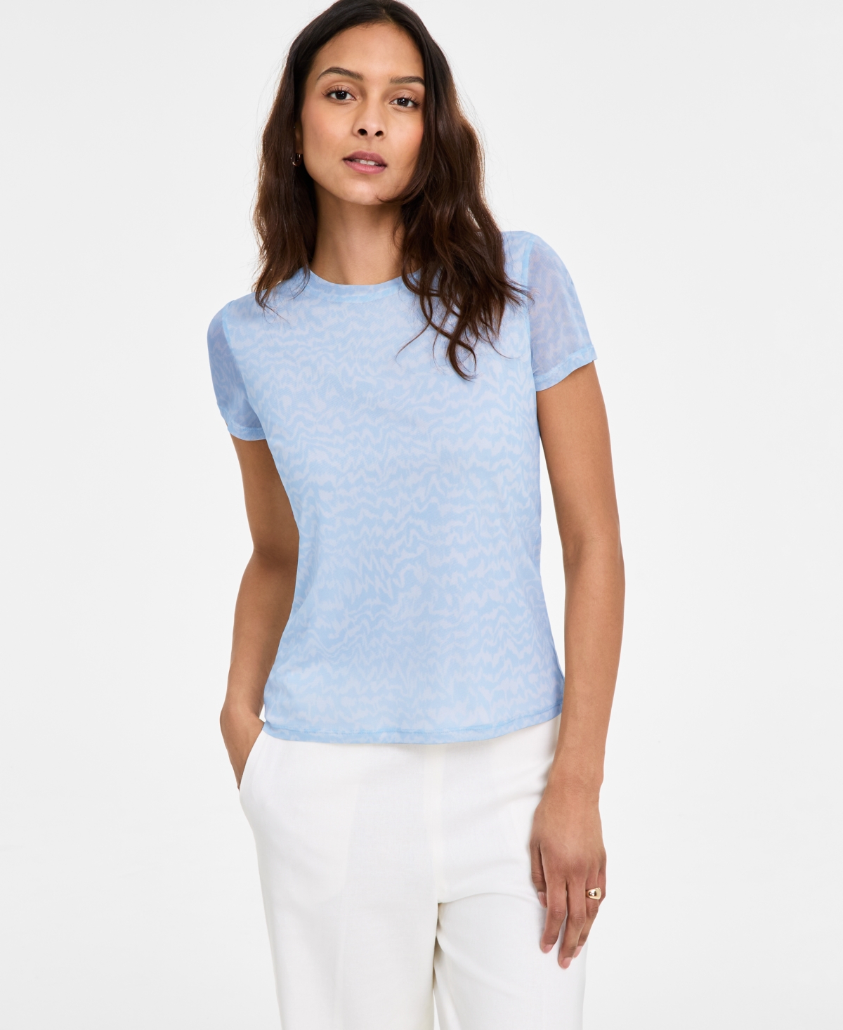 Women's Printed Mesh Crewneck Top, Exclusively at Macy's - Chateau Blue/bar White