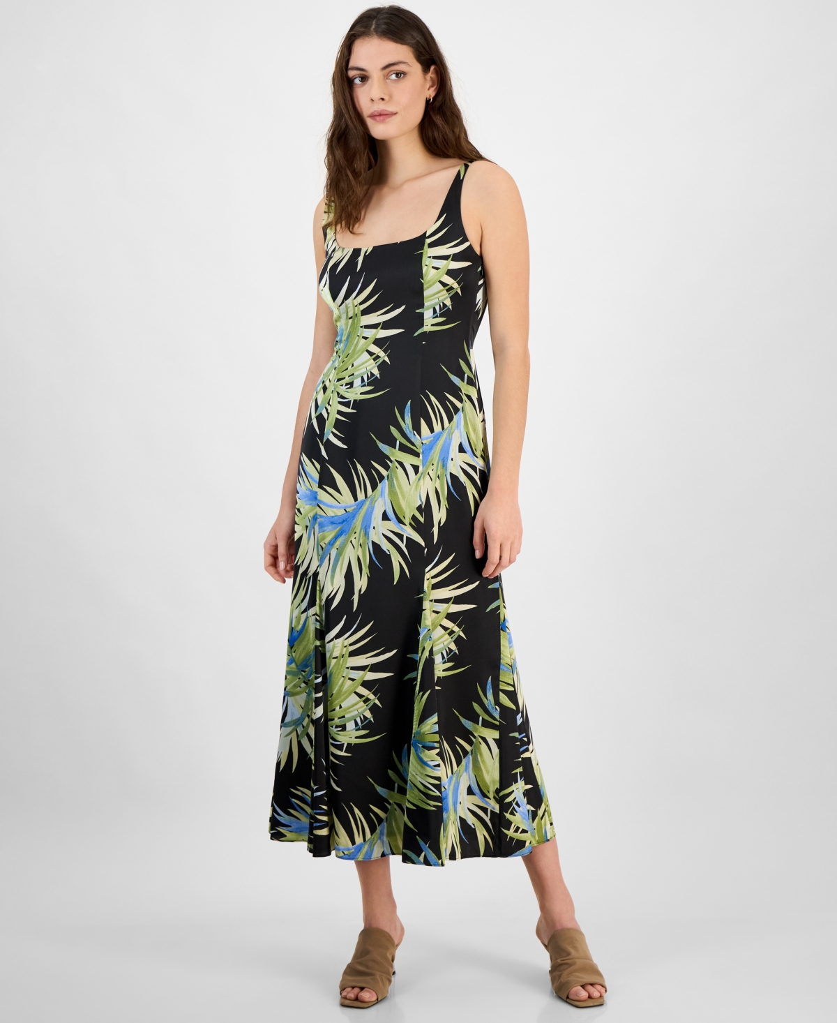 BAR III WOMEN'S PALM-PRINT SATIN MIDI DRESS, EXCLUSIVELY AT MACY'S 