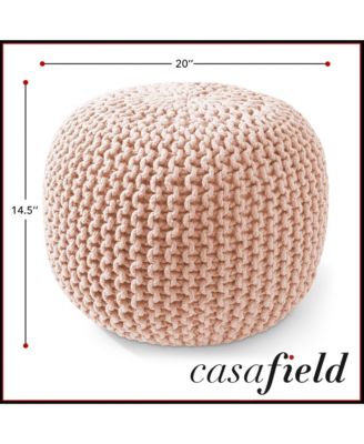 Round Pouf Ottoman, Natural - 20" Dia x 14.5" High Cotton Knit Foot Stool - Boho Floor Pouffe for Living Room