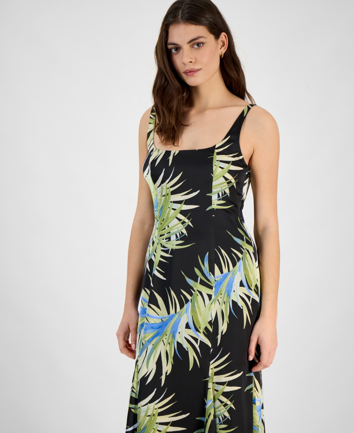 BAR III WOMEN'S PALM-PRINT SATIN MIDI DRESS, EXCLUSIVELY AT MACY'S 