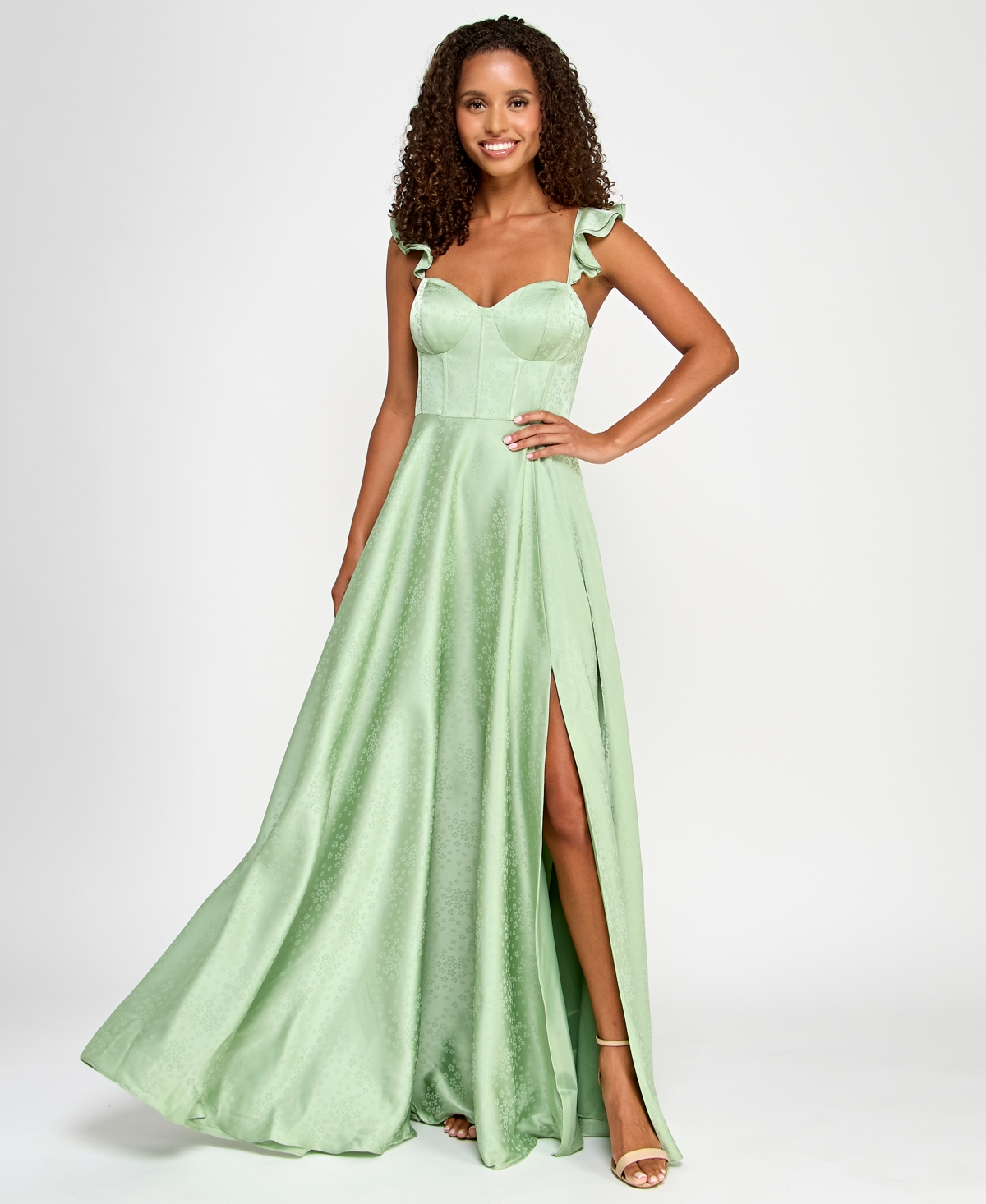 B Darlin Juniors' Satin Sweetheart Ruffle-strap Gown, Created For Macy's In Sage