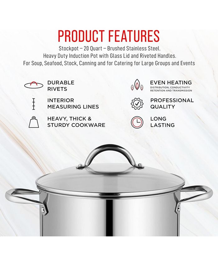 Bakken-Swiss Deluxe 20-Quart Stainless Steel Stockpot w/Tempered Glass See-Through Lid - Simmering Delicious Soups Stews & Induction Cooking - Exceptional Heat Distribution - Heavy-Duty & Food-Grade - Silver - 12