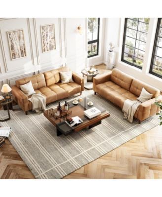 3-Seater Sofa Couch, 83" Wide Faux Leather Sofa Couch with Spring Cushion, Modern Sofa with Deep Seats and 2 Removable Back Cushions, for Living Room, Bedroom, Apartment, Office