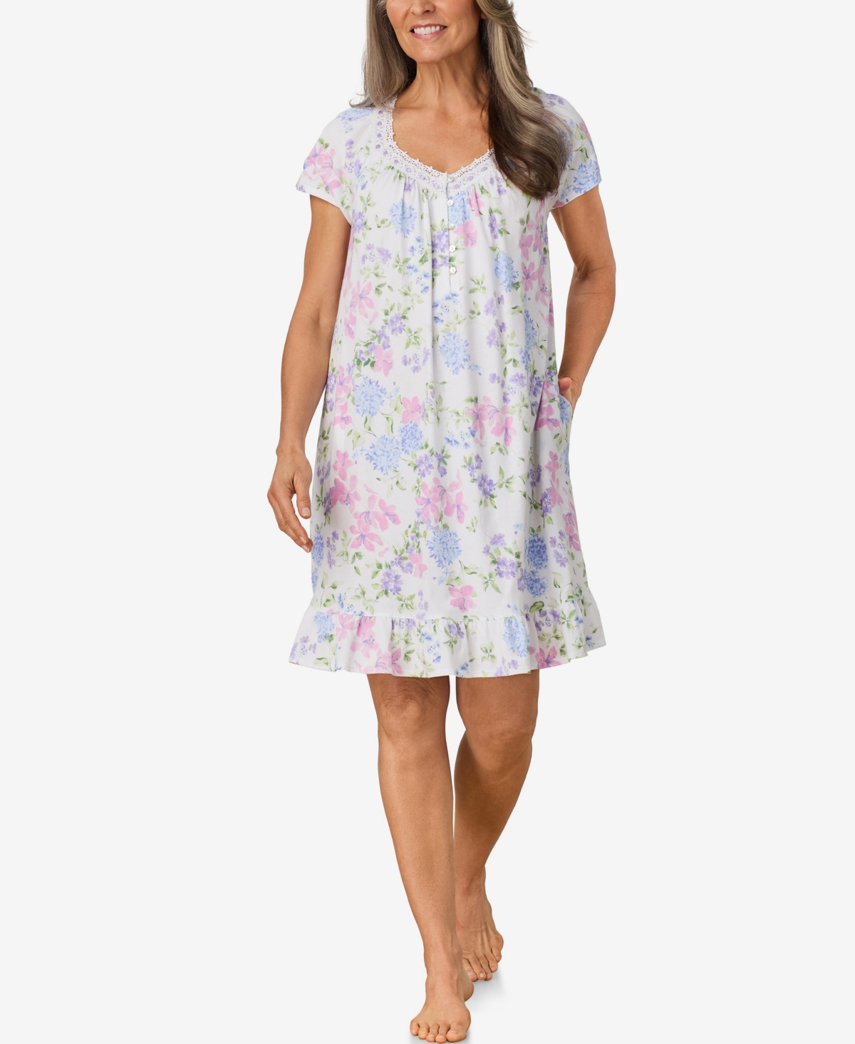 Aria Women's Short Cap Sleeve Nightgown In White Floral