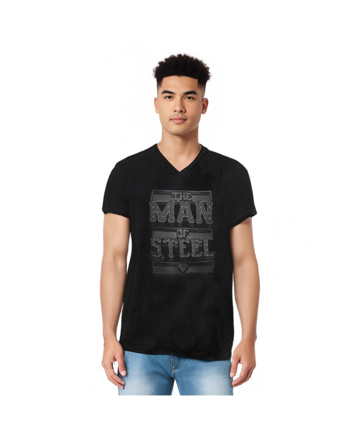 Mens Steel Text Short Sleeve Adult V Neck Tee / T-Shirt - Black