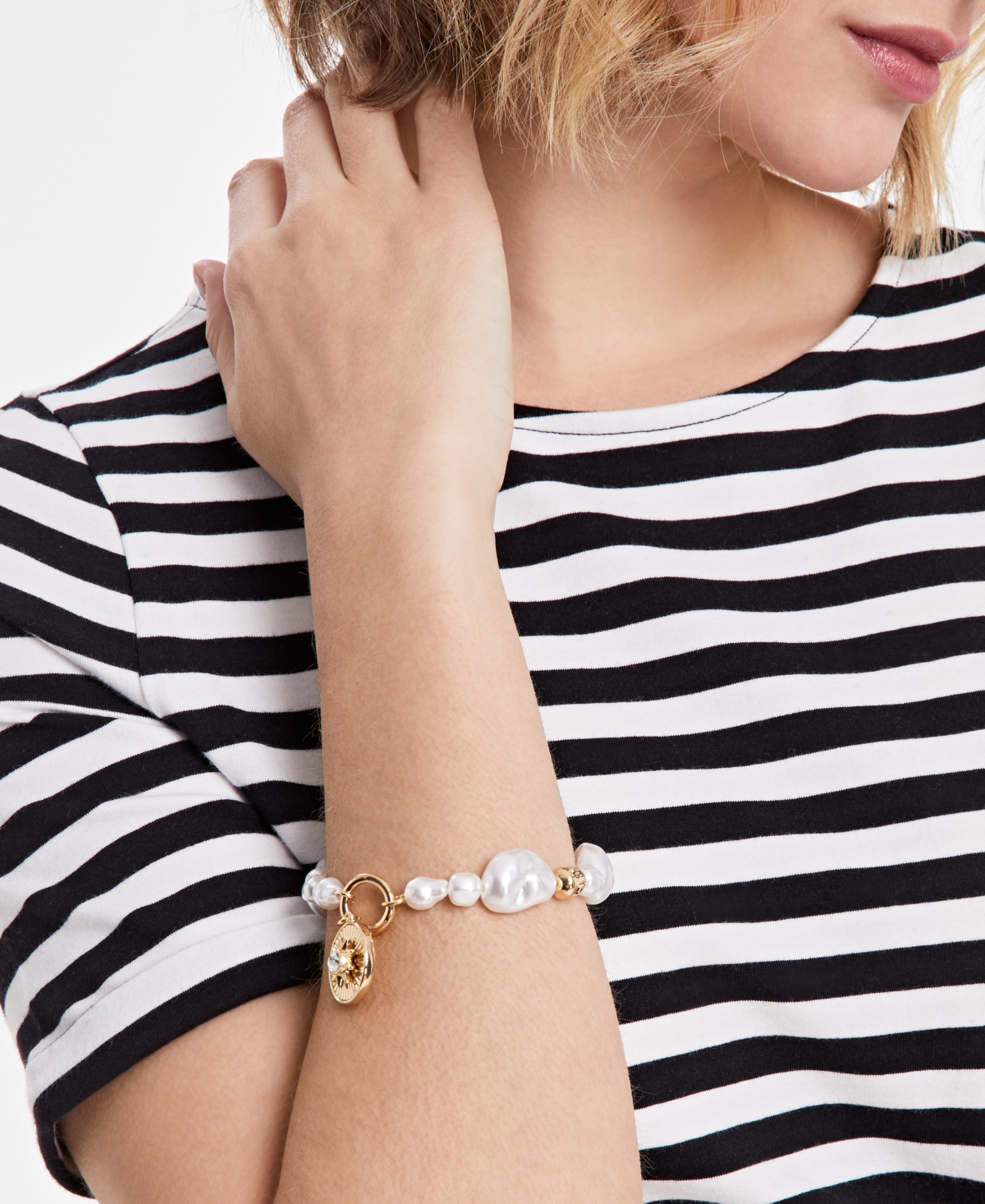 On 34th Gold-tone Crystal Disc & Imitation Pearl Stretch Bracelet, Exclusively At Macy's In Gold