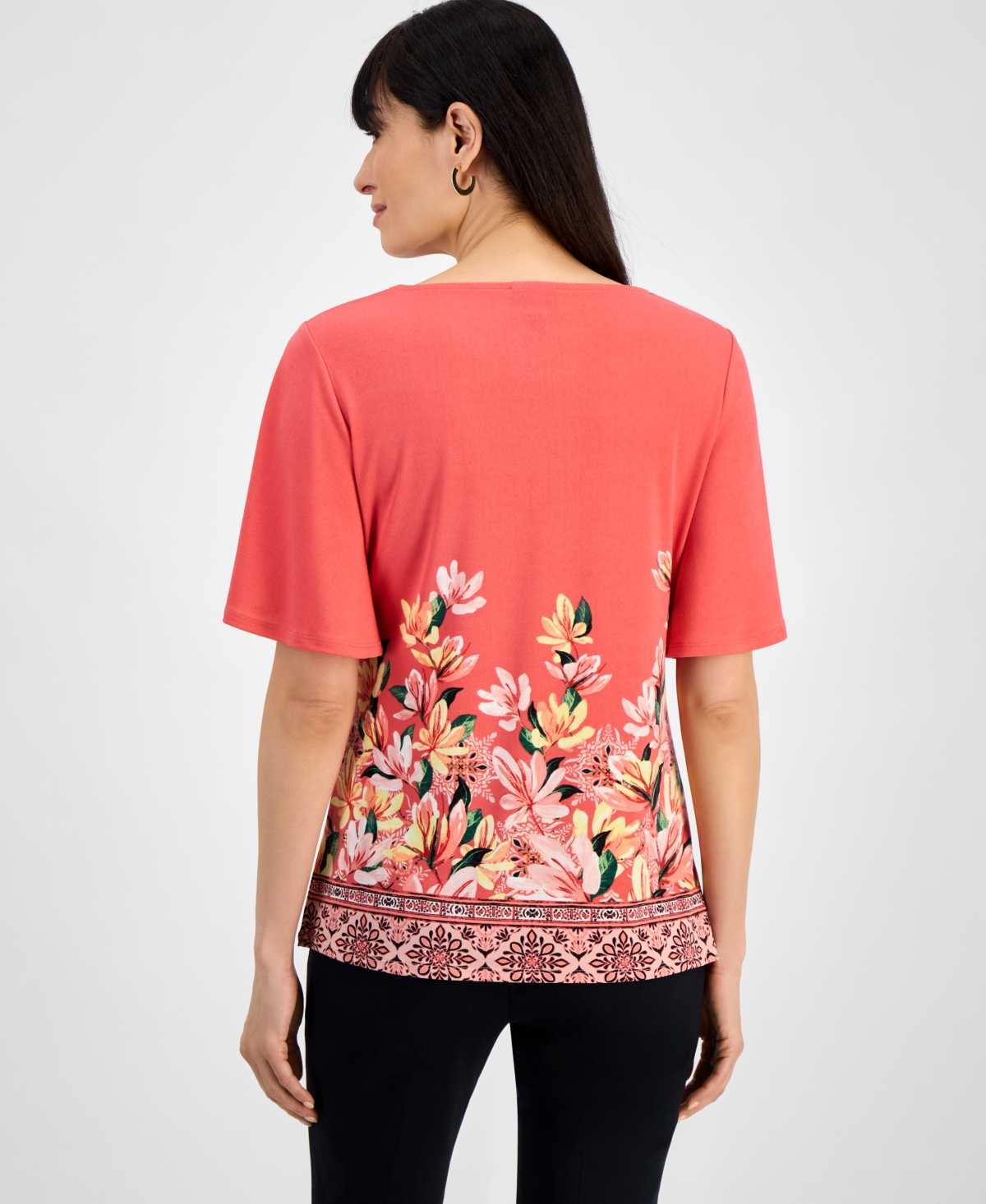 JM COLLECTION WOMEN'S PRINTED FLUTTER-SLEEVE SQUARE NECK CREPE TOP, EXCLUSIVELY AT MACY'S 