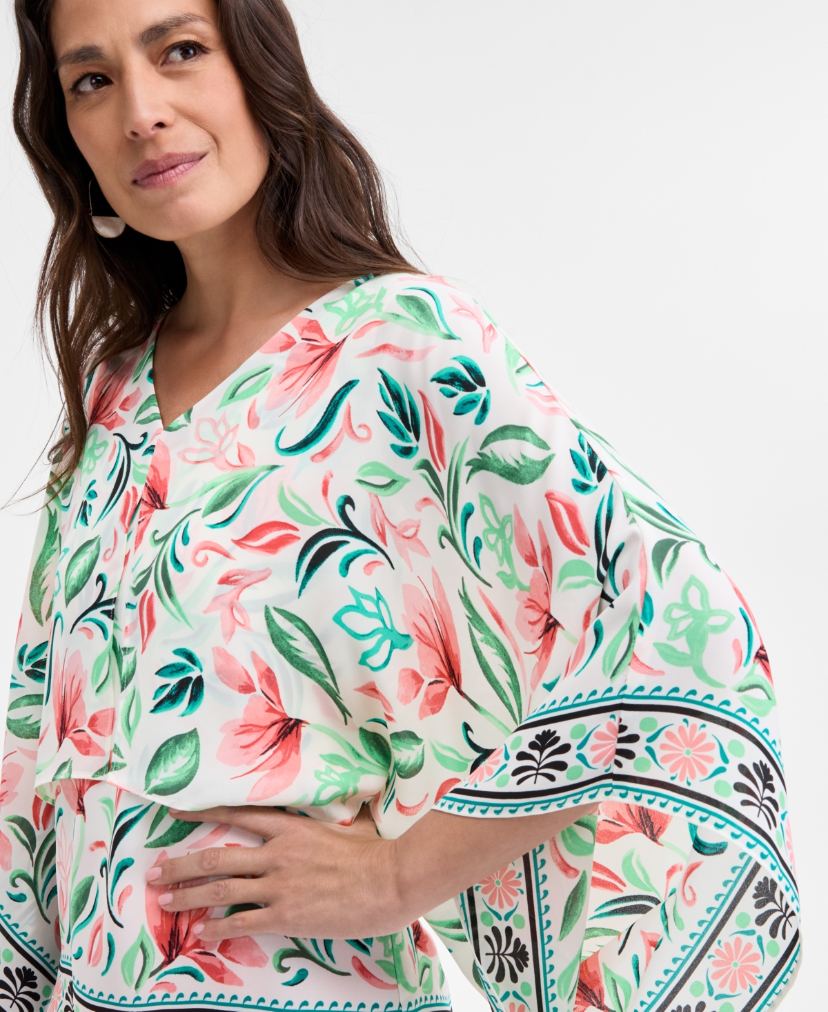 Shop Jm Collection Women's V-neck Tiered Poncho Top, Exclusively At Macy's In Floral Combo