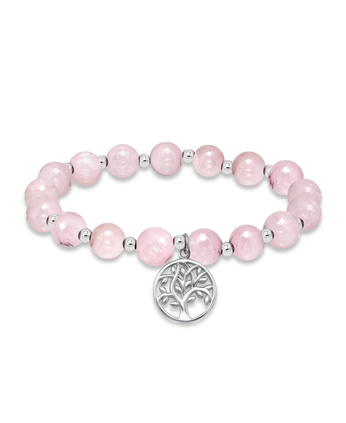Macy's Silver Plated Beaded Tree Of Life Charm Stretch Bracelet In Rose Quartz,silver