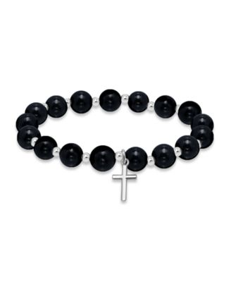 Silver-Plated Beaded Cross Charm Stretch Bracelet