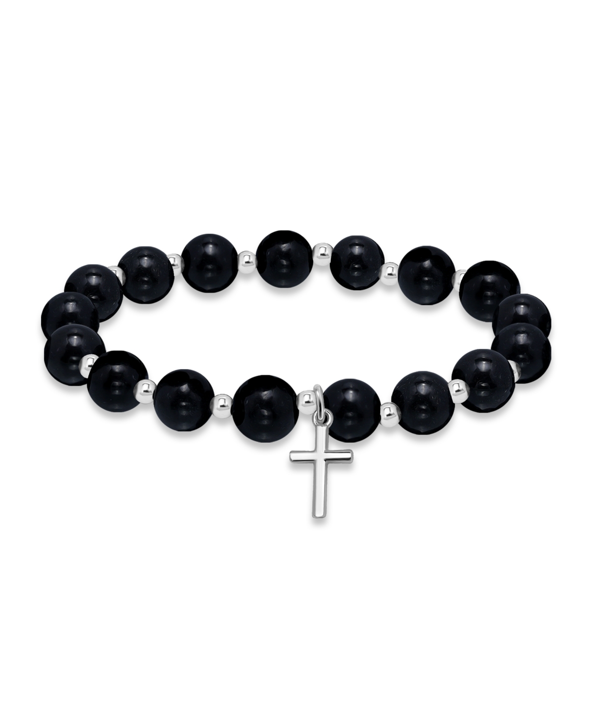 Macy's Silver Plated Beaded Cross Charm Stretch Bracelet In Onyx,silver