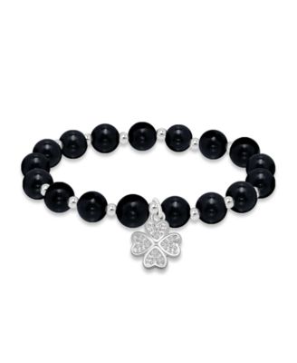 Silver-Plated Beaded Clover Charm Stretch Bracelet