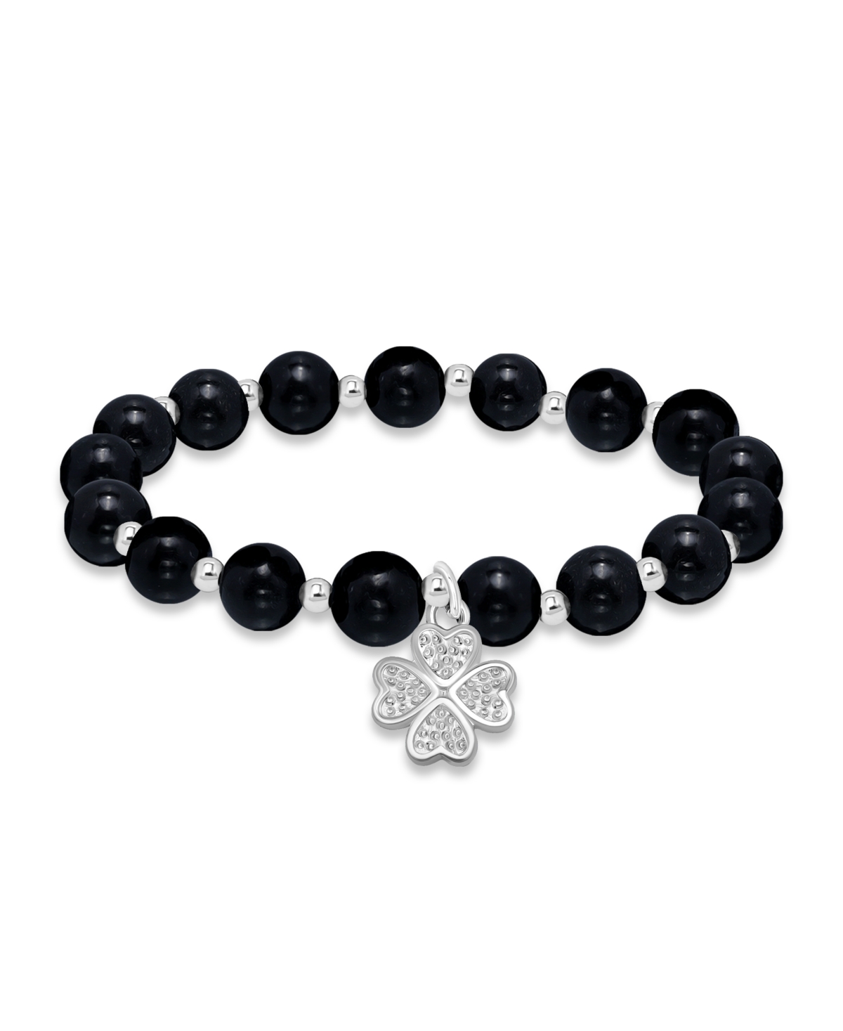 Macy's Silver Plated Beaded Clover Charm Stretch Bracelet In Onyx,silver