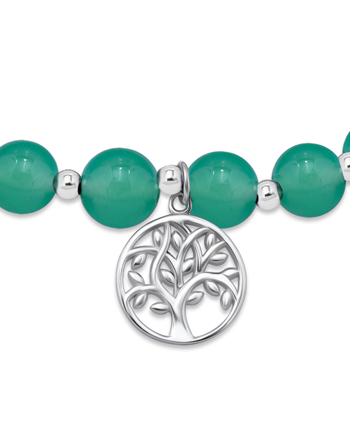 Macy's Silver Plated Beaded Tree Of Life Charm Stretch Bracelet In Green Agate,silver