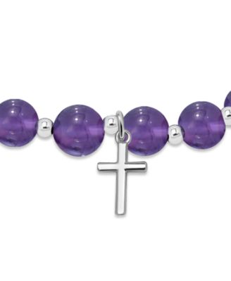 Silver-Plated Beaded Cross Charm Stretch Bracelet