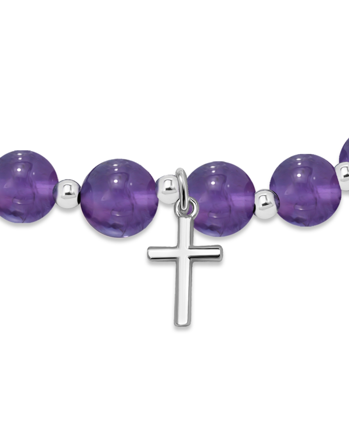 Macy's Silver Plated Beaded Cross Charm Stretch Bracelet In Amethyst,silver