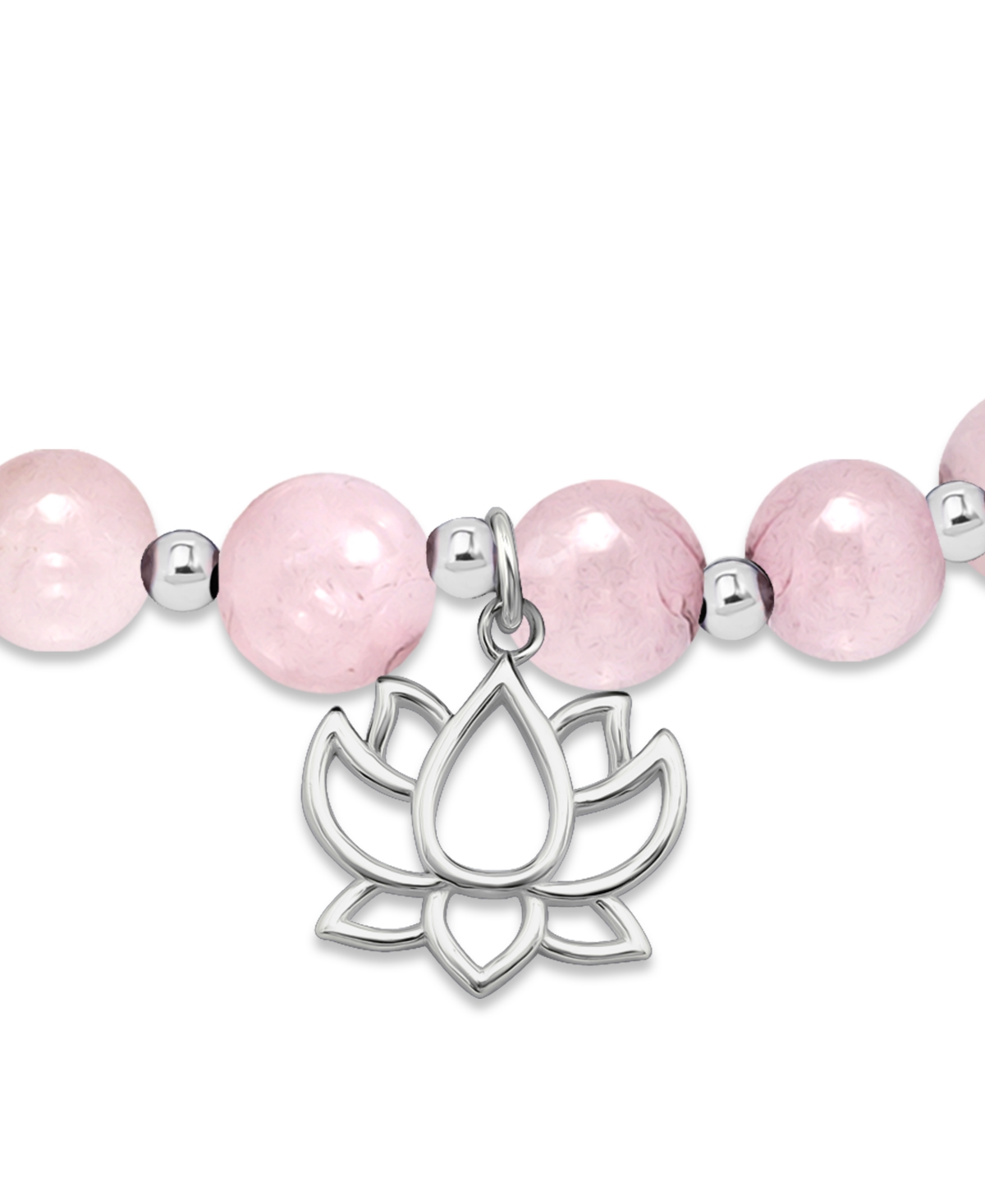 Macy's Silver Plated Beaded Lotus Charm Stretch Bracelet In Rose Quartz,silver