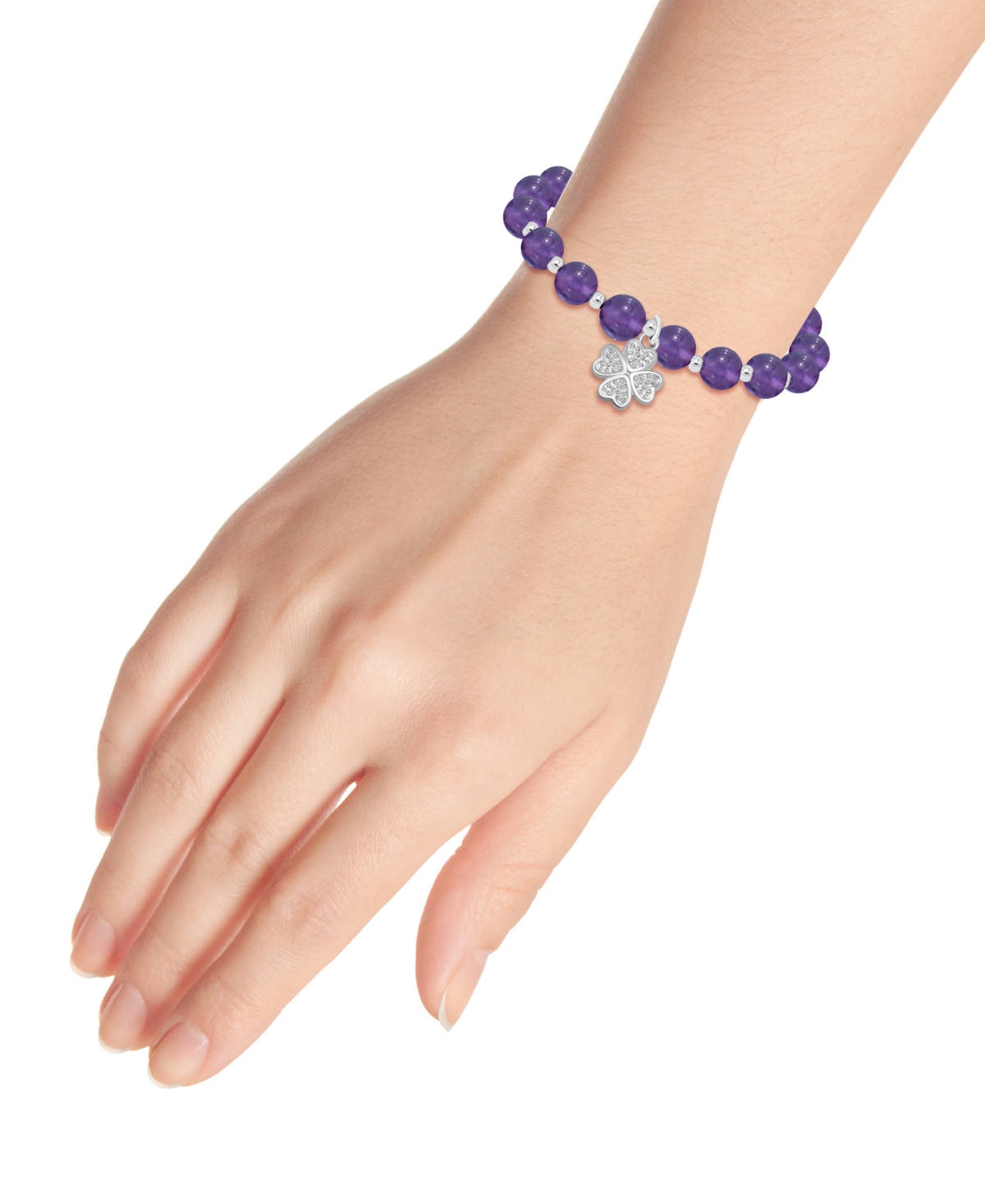 MACY'S MACY'S SILVER-PLATED BEADED CLOVER CHARM STRETCH BRACELET 
