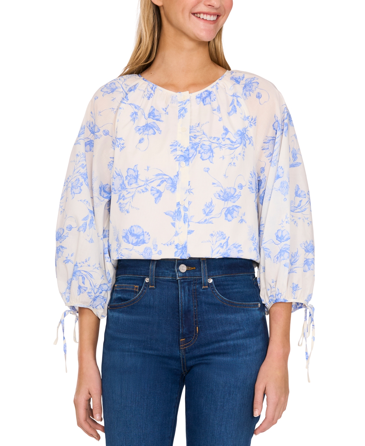 Cece Women's Cotton Floral-print Puff-sleeve Blouse In New Ivory