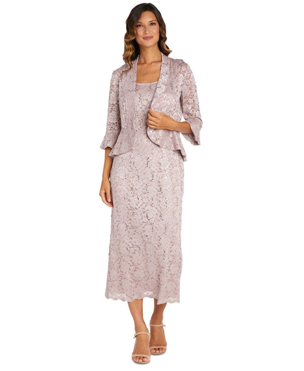 Sequined Lace Midi Dress and Jacket - Blush
