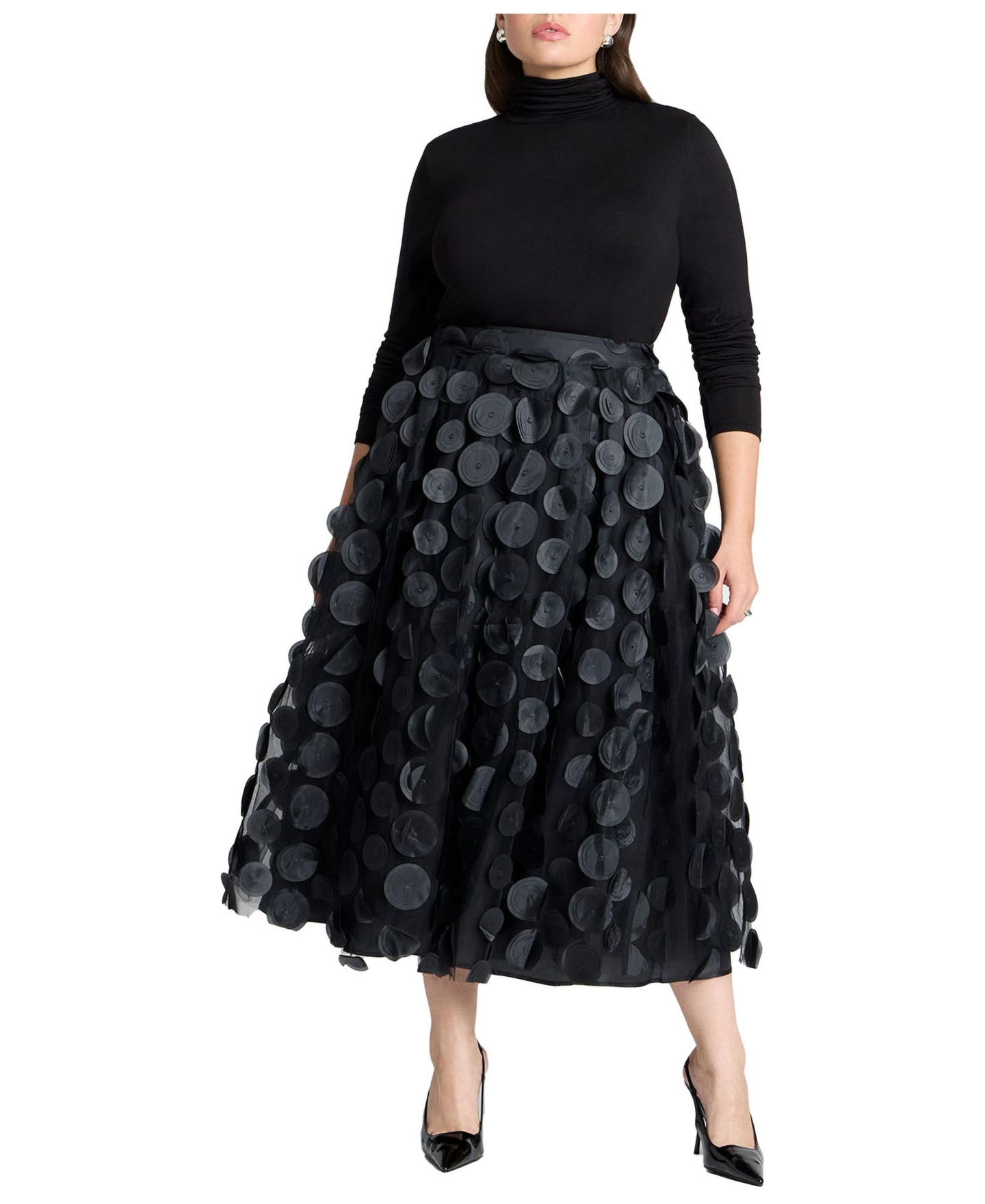 Женская юбка ELOQUII Plus Size Dimensional Dot Full, цвет: Чёрный оникс — фото 4