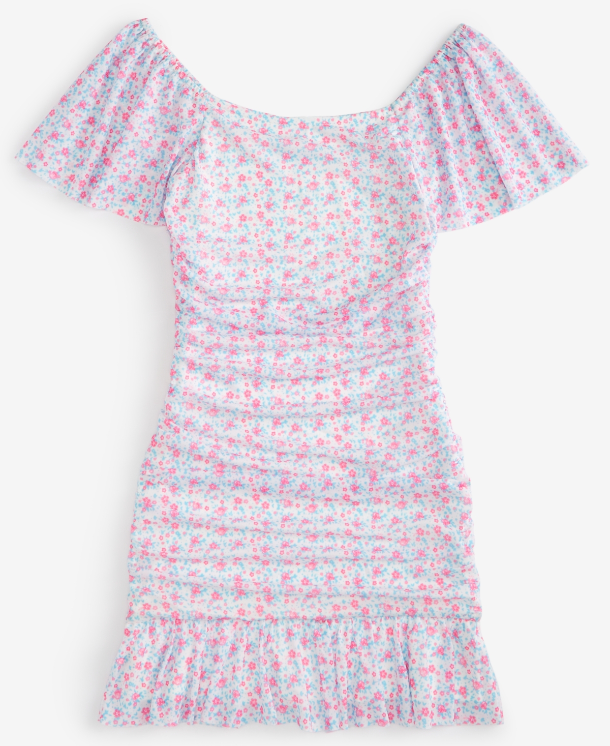Shop With Jules Big Girls Ruched Flutter-sleeve Mesh Dress In White Flor