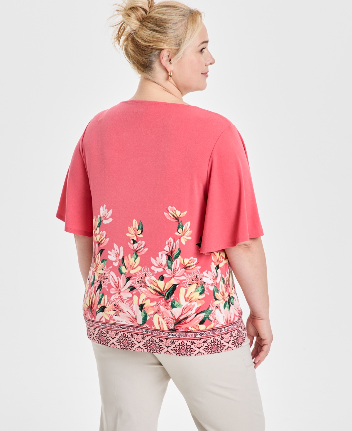 JM COLLECTION PLUS SIZE PRINTED SQUARE-NECK SHORT-SLEEVE TOP, EXCLUSIVELY AT MACY'S 