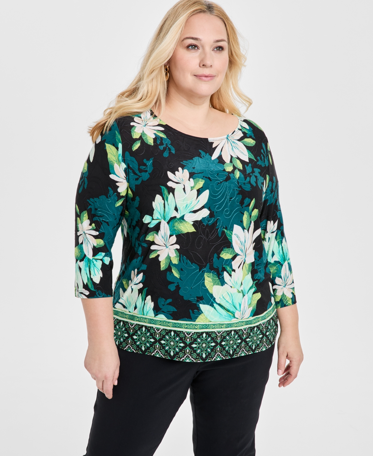 JM COLLECTION PLUS SIZE JACQUARD PRINTED 3/4-SLEEVE TOP, EXCLUSIVELY AT MACY'S 