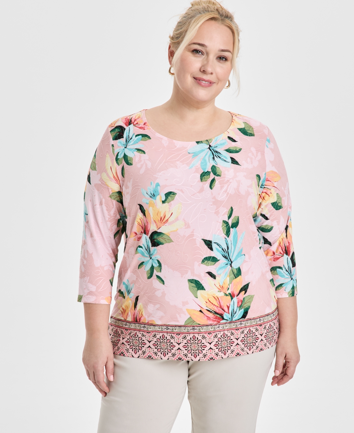 JM COLLECTION PLUS SIZE JACQUARD PRINTED 3/4-SLEEVE TOP, EXCLUSIVELY AT MACY'S 