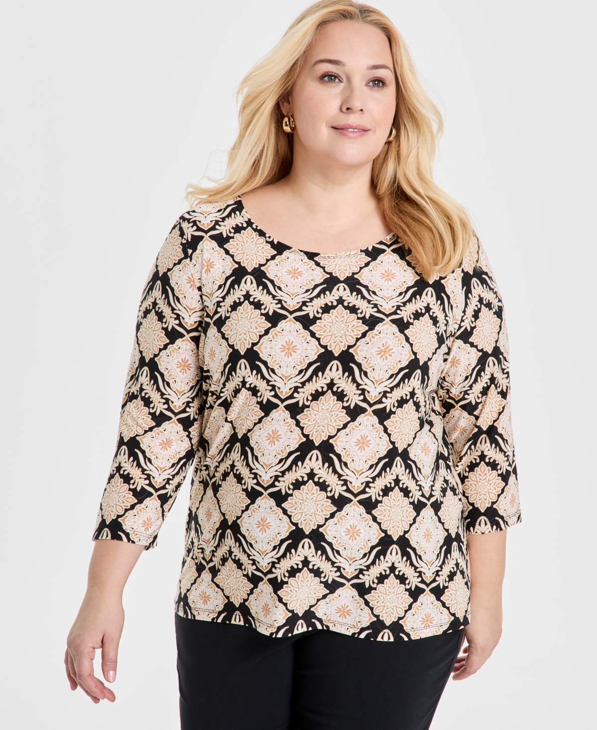 JM COLLECTION PLUS SIZE JACQUARD PRINTED 3/4-SLEEVE TOP, EXCLUSIVELY AT MACY'S 