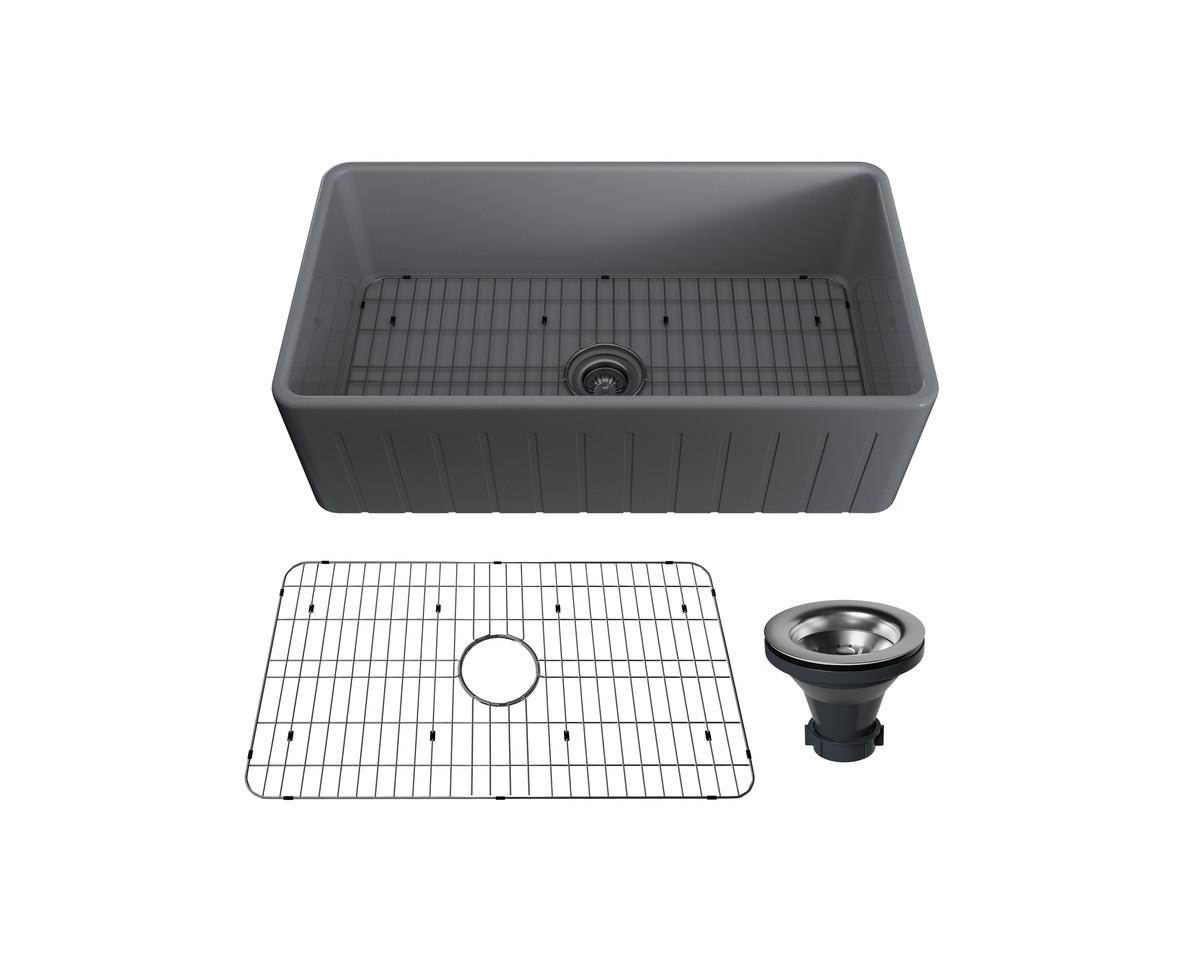 33inch L x 18inch W Single Bowl Fireclay Farmhouse Kitchen Sink with Sink Grid - Grey