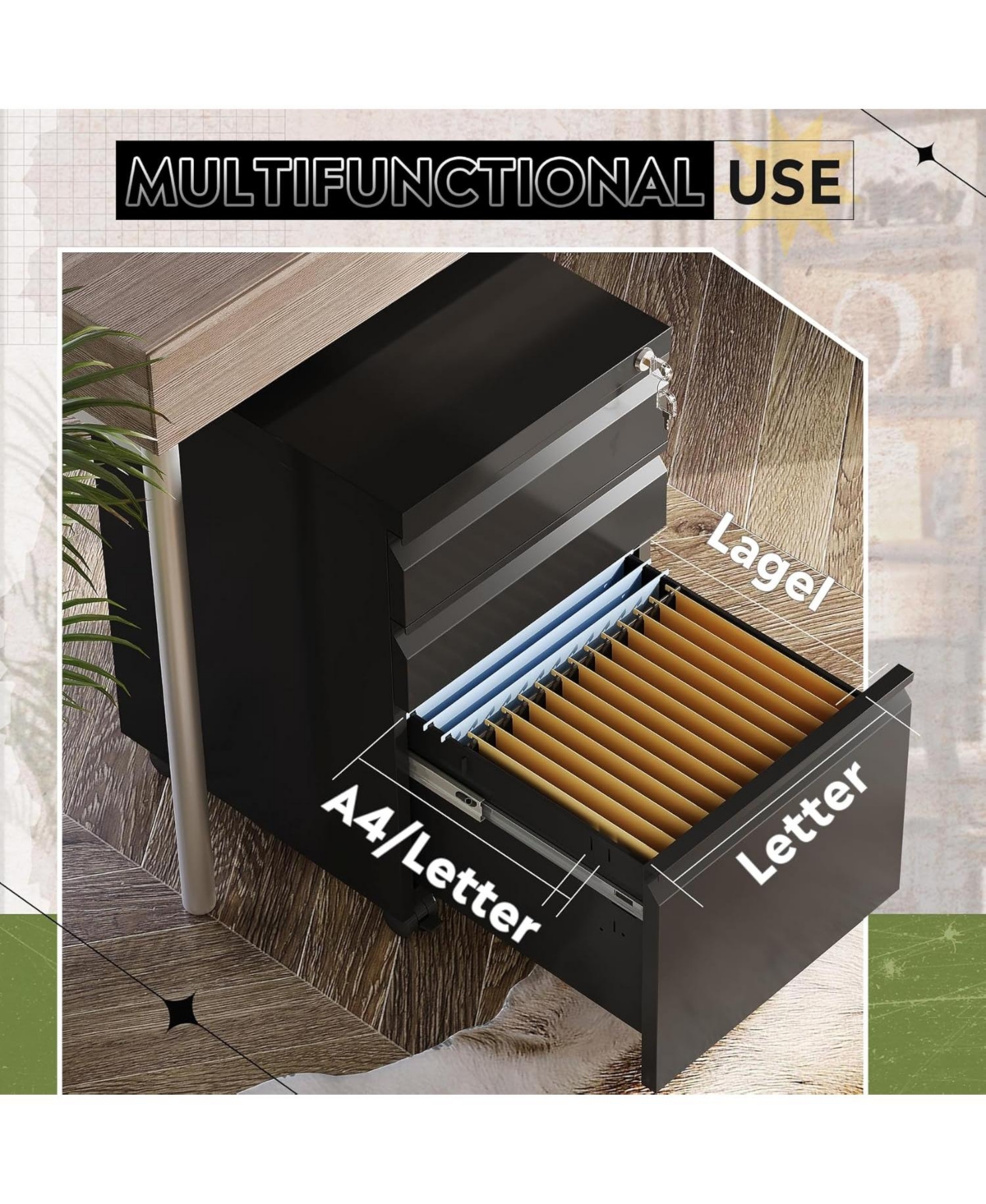 Wlive 3 Drawer Mobile File Cabinet with Lock Under Desk Metal Filing for Legal/Letter/A4 Fully Assembled Except Wheels