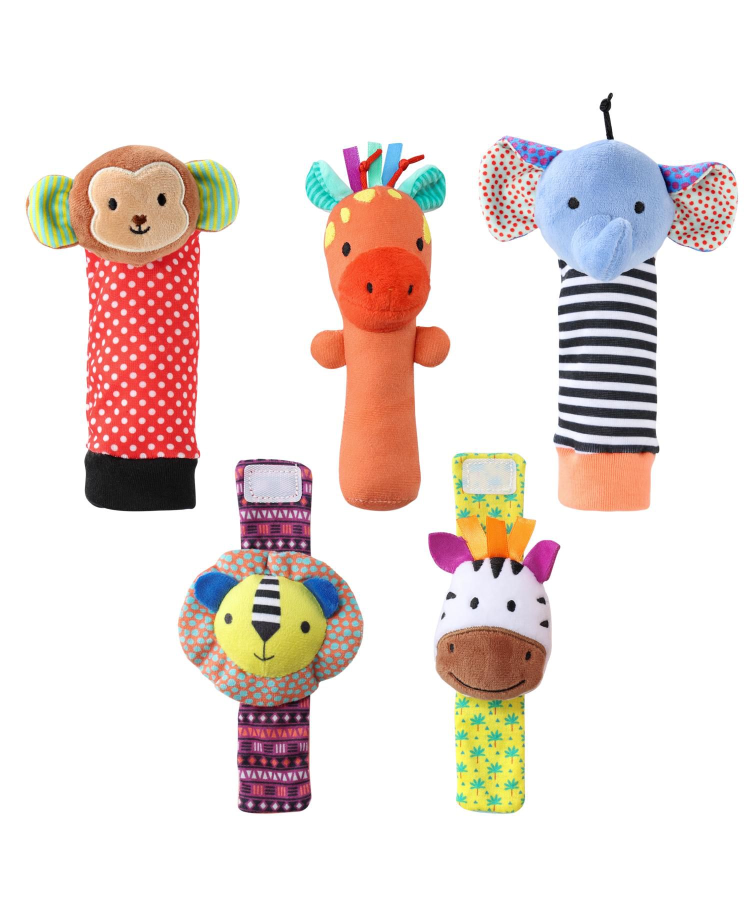 Safari Baby Rattle Socks and Wrist Rattle Set, 5 Piece