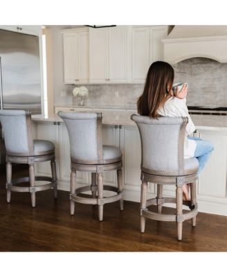 Pullman Bar Stool, Reclaimed Oak Finish w/ Ash Grey Fabric Upholstery, Set of 3