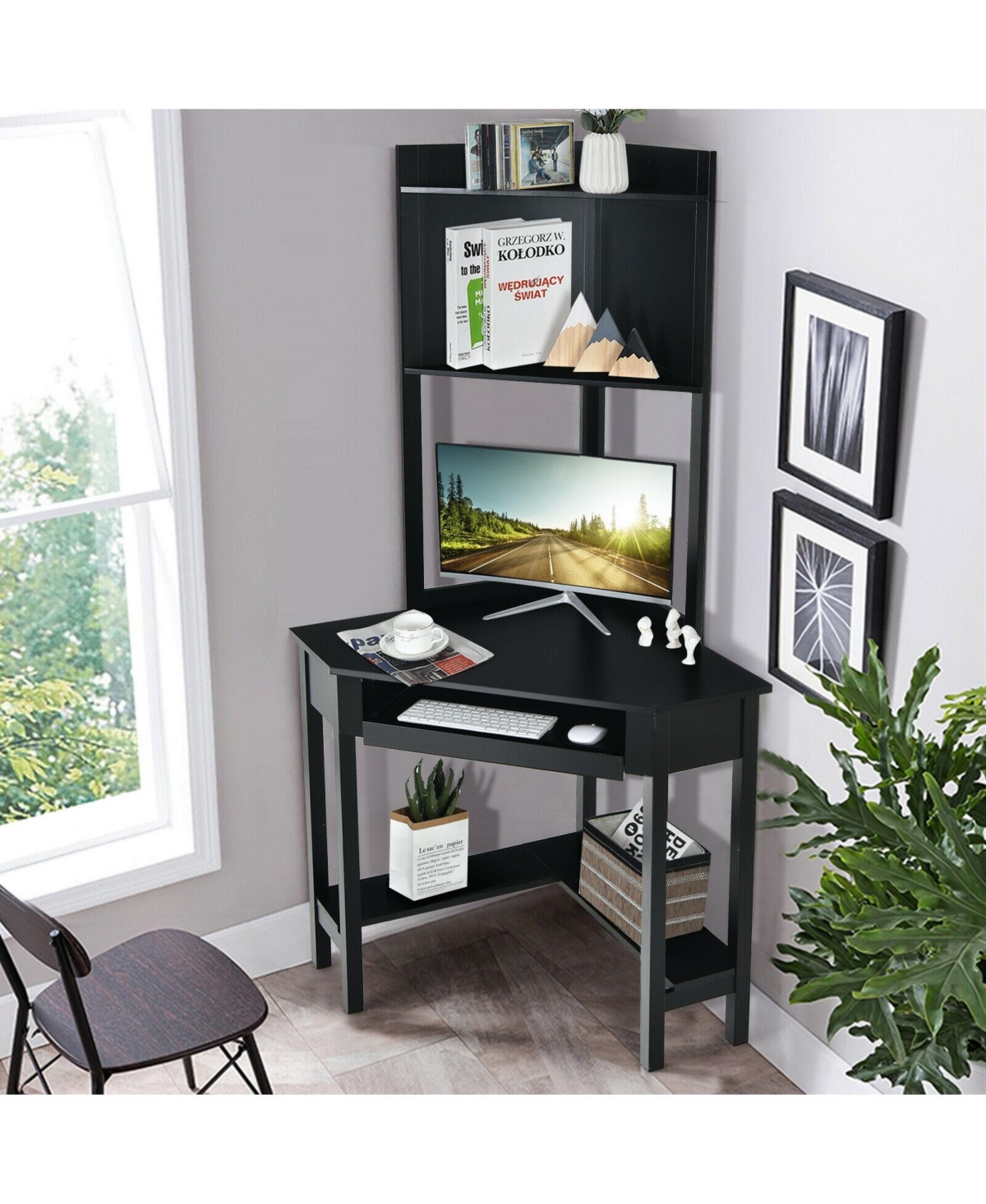 Gouun Corner Computer Desk with Hutch and Storage Shelves
