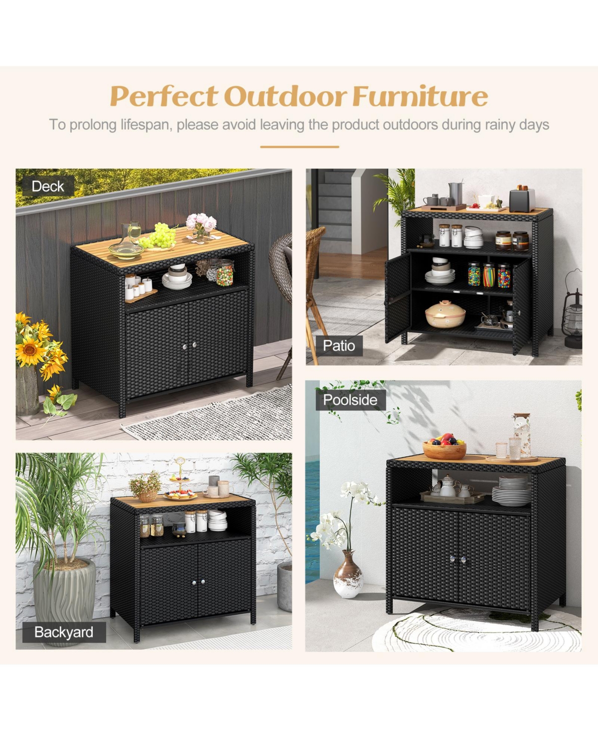Gouun Rattan Storage Cabinet with Acacia Wood Countertop for Poolside Deck and Patio