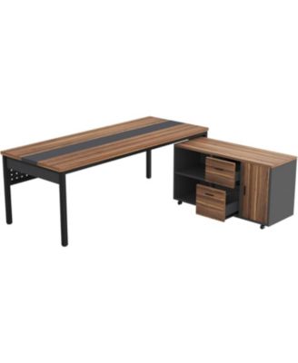 70.8" Large Executive Office Desk and 47" Lateral File Cabinet Combo, L-Shaped Computer Desk 2 Piece Business Furniture with Drawers and Shelves, Home Office Workstation