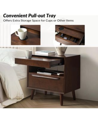 Jeraldo Mid-Century Modern 2-Drawer End Table with Built-In Outlets and Wooden Handle