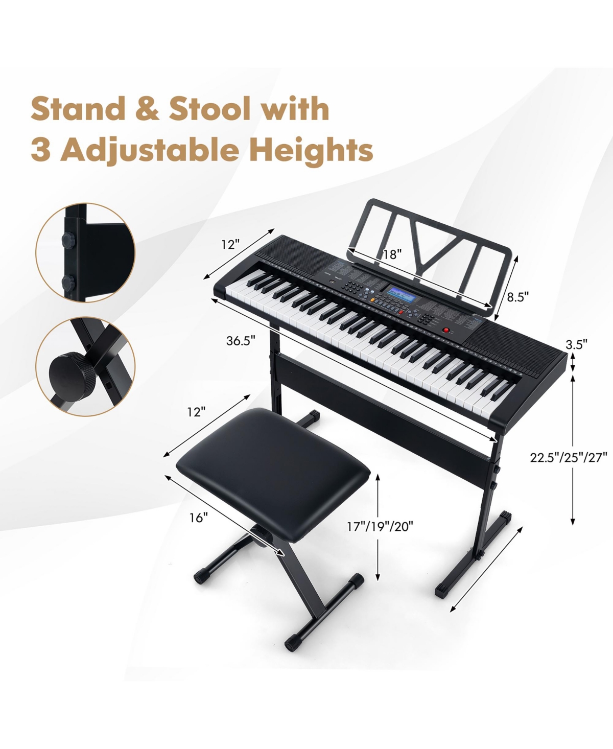 Gymax 61-Key Portable Electronic Keyboard Piano w/ Stand & Stool Complete Digital Piano Set