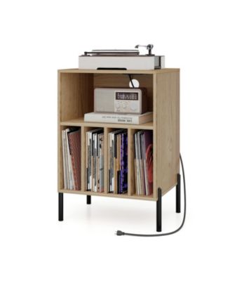 Record Player Stand with Record Storage Shelf and Charging Station