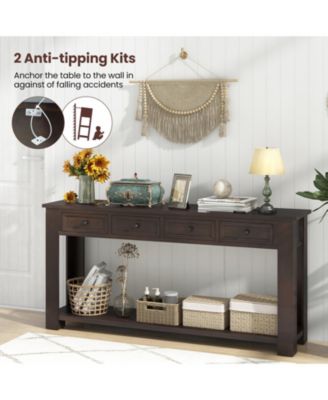 63 Inches Farmhouse Entryway Table with 4 Storage Drawers and Open Shelf